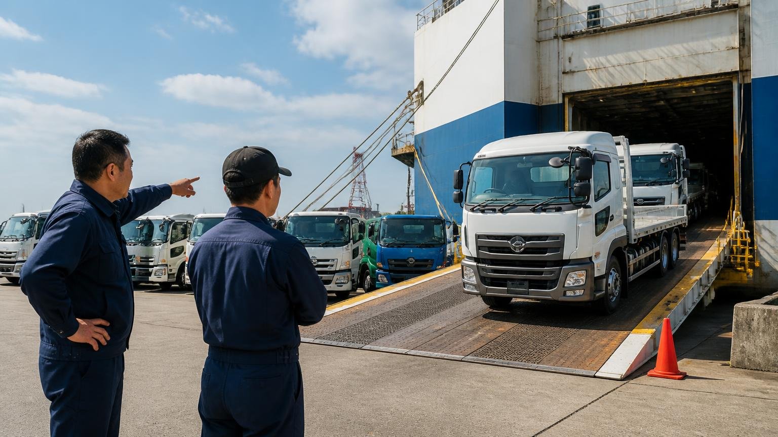 国内で値が付きにくい1台にも海外の販路がある 港のヤードに並ぶ輸出待ちの中古トラック 男性2人 積み込みを見守る
