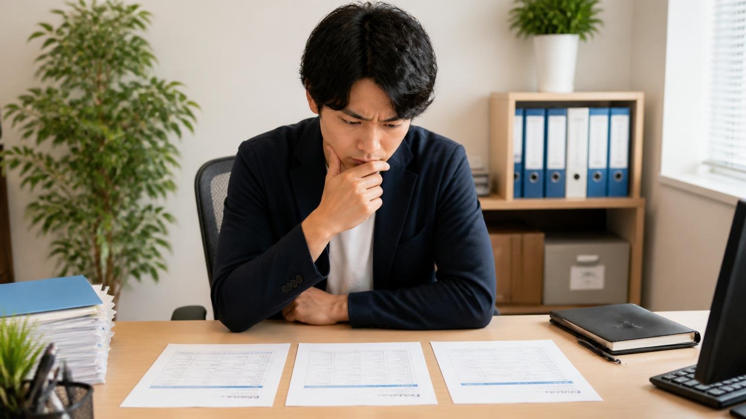 1社だけの金額には高いか安いかを測る物差しがない。事務所の机で男性1人が3枚の見積書を並べ見比べる