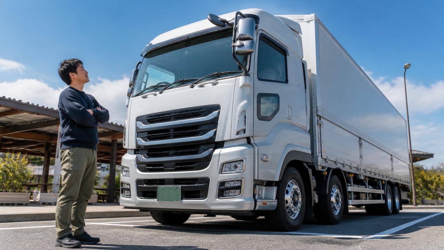 新型ギガが向いている人。高速道路のサービスエリアに停めた大型トラックを満足げに見上げる男性1人