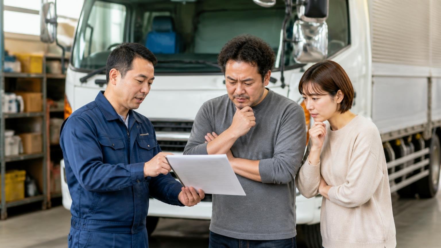数字Bを手に入れるハードルは低い|車庫でトラックを査定する男女3人が書面を見ながら会話