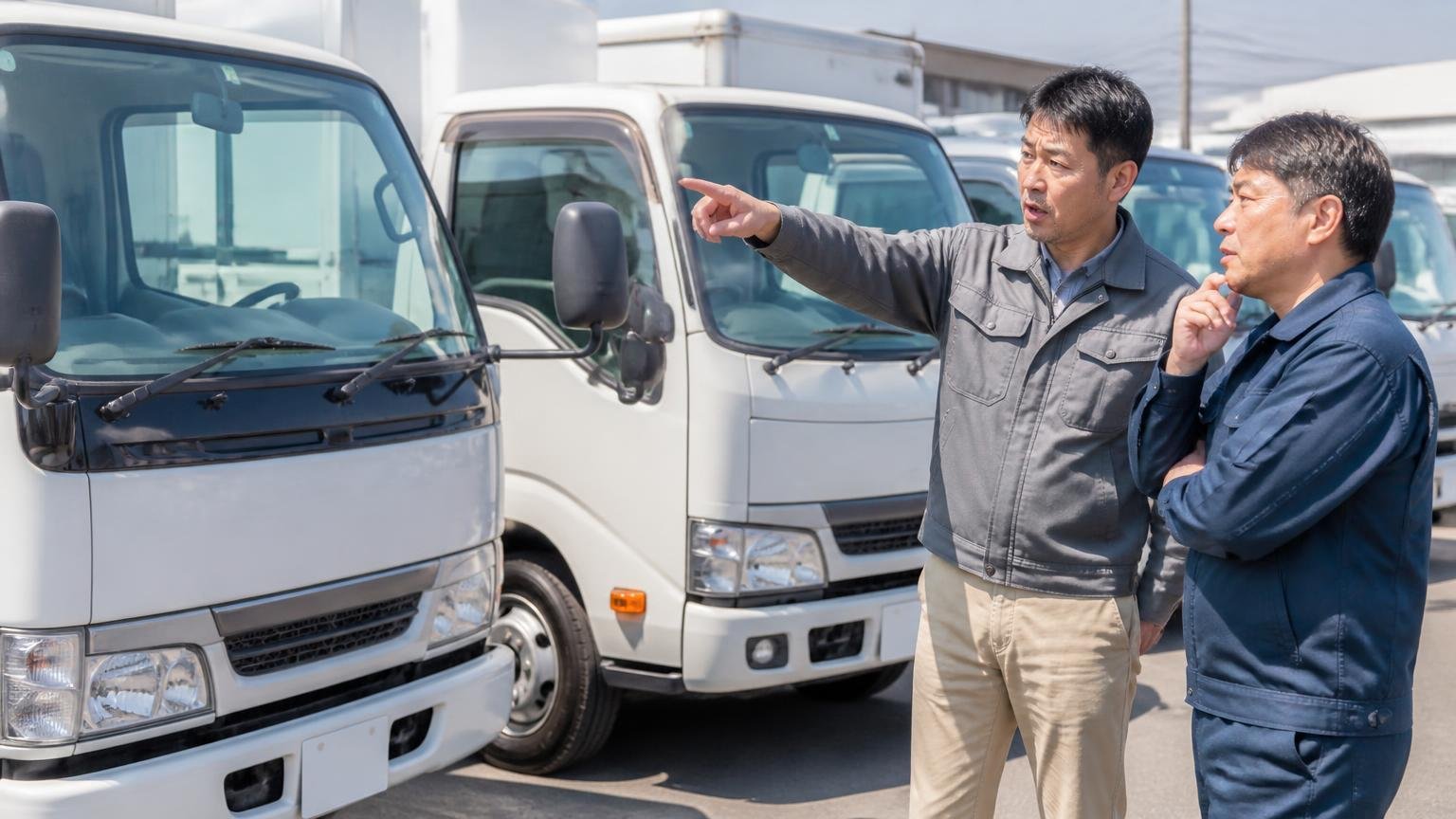 走行44万km台の個体も中古市場に並んでいる 中古トラック展示場に並ぶ小型トラックを見て回る男性2人