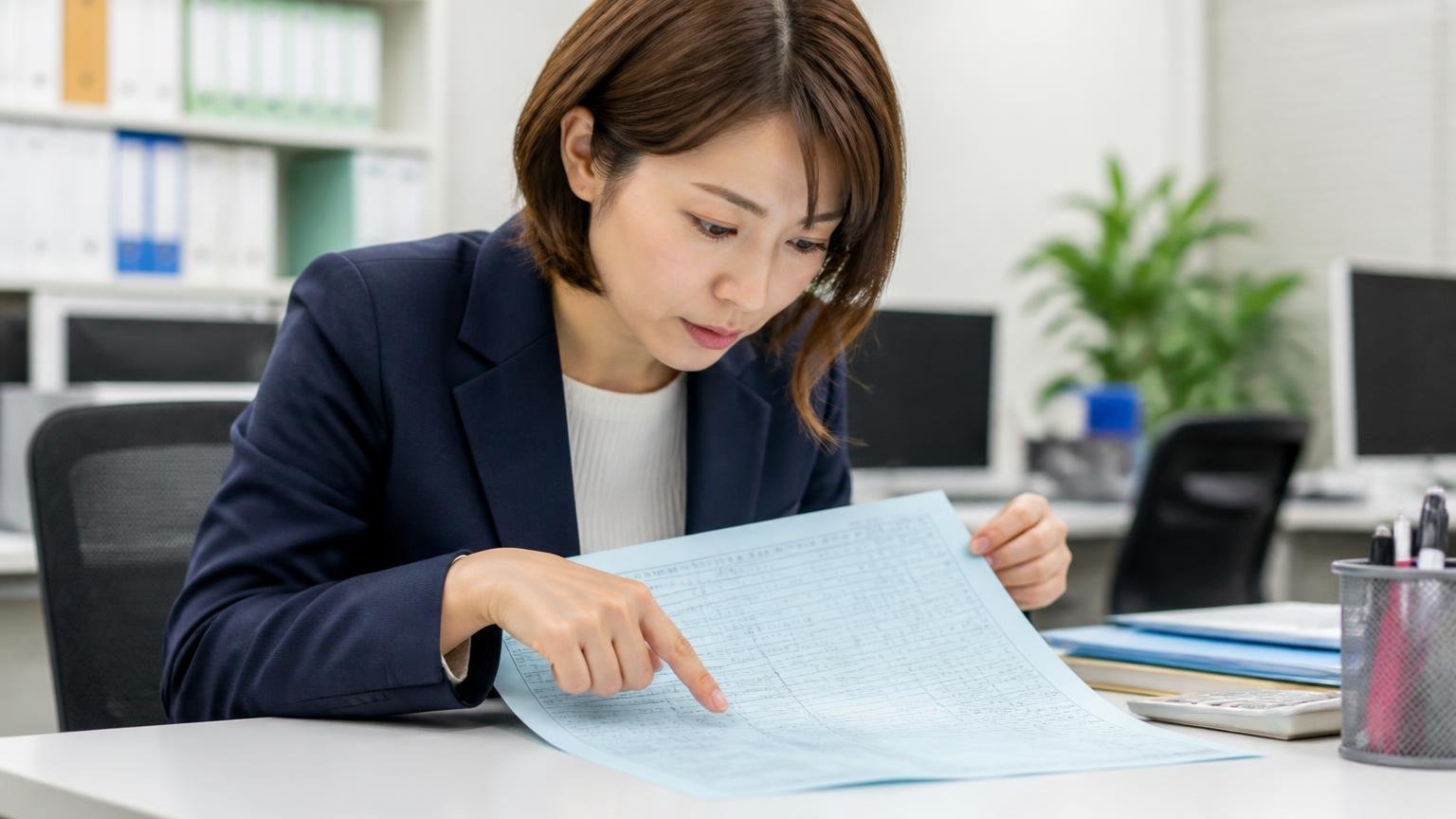 車検証で「所有者の欄」を確認する 事務所の机で車検証を広げ、所有者の欄を指でなぞる女性1人
