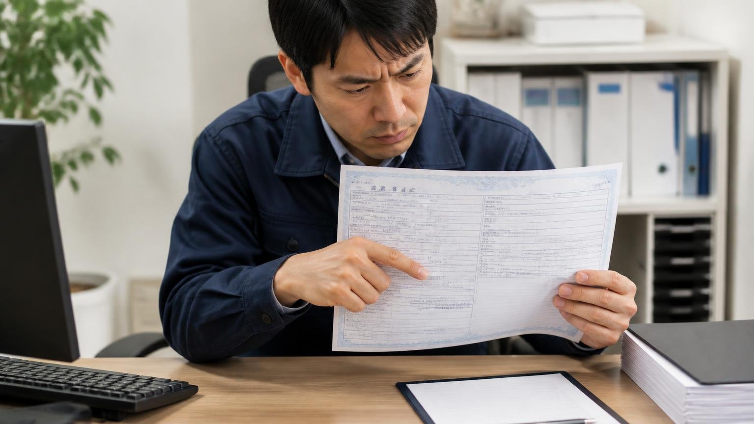 車検証の内容を確認する|事務所の机で車検証を広げて所有者欄を指さす男性1人が確認する