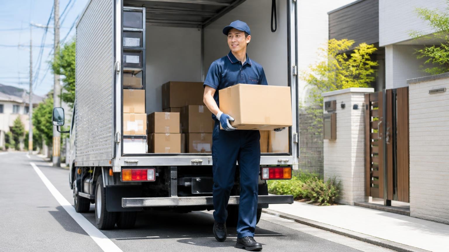 市街地配送に向いている。住宅街の路肩に停めたトラックから荷物を運び出す30代男性1人が軽やかに動く