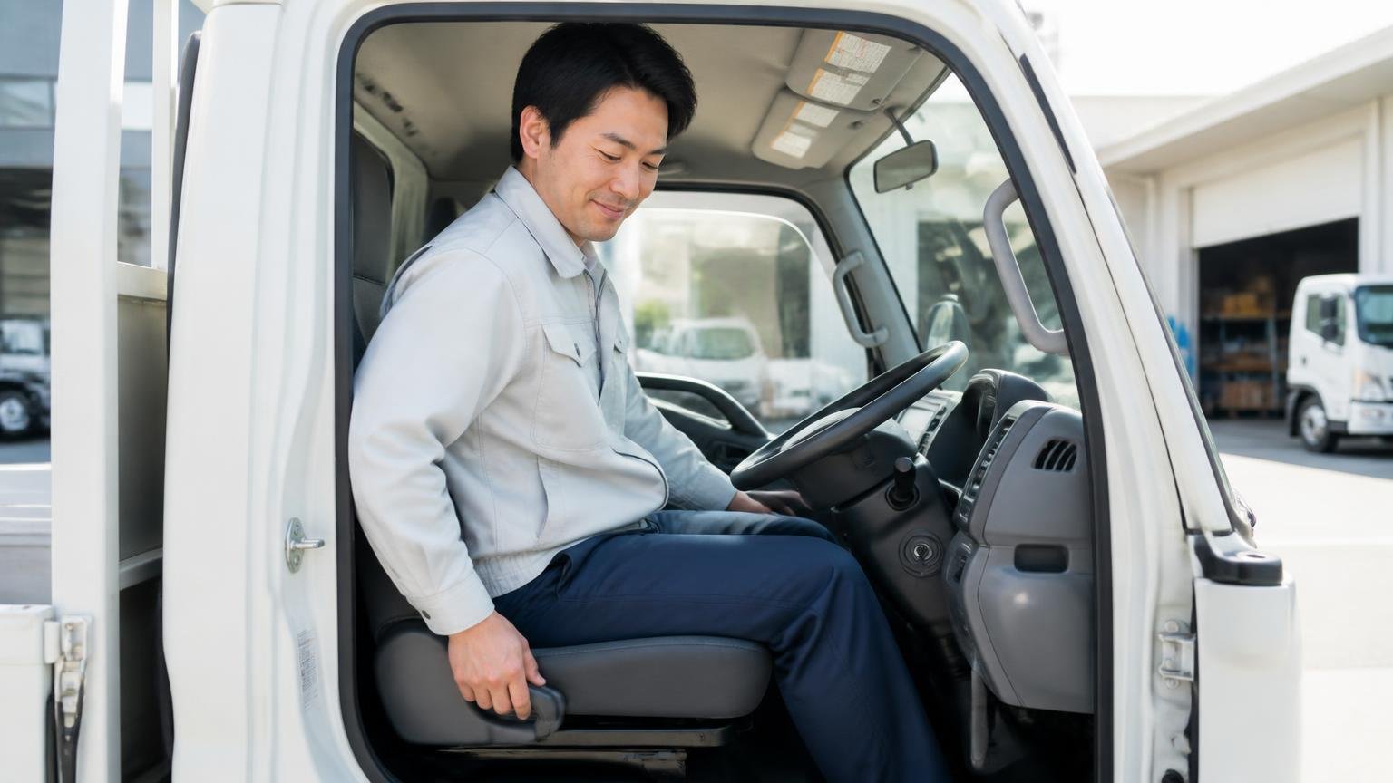 評価されている点をきちんと並べる 営業所の車庫に停まった小型トラックの運転席でシート位置を調整する男性が満足げ