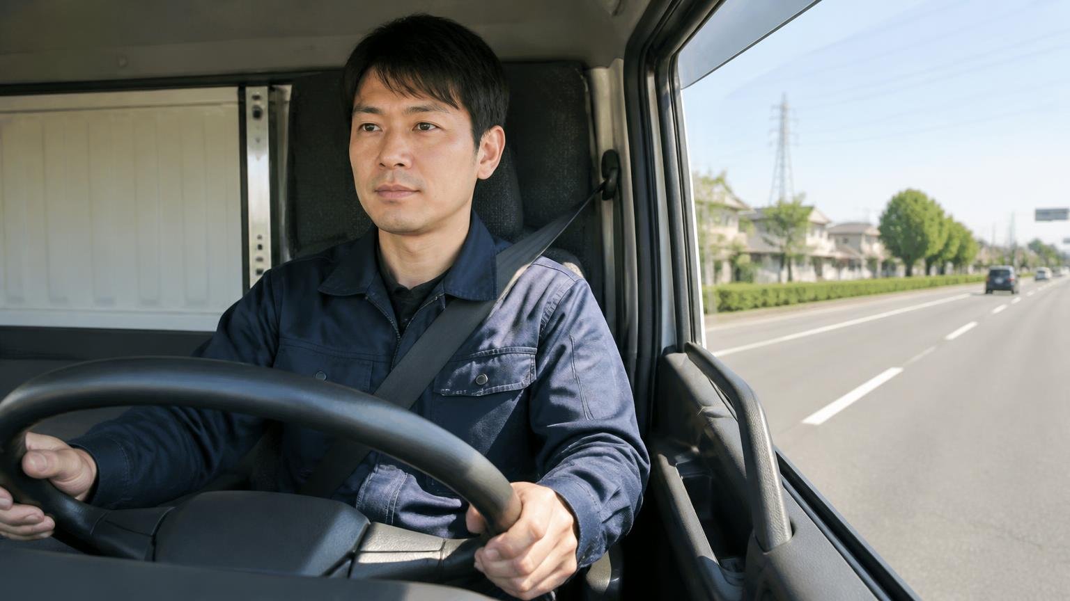 向いている使い方の条件 郊外の幹線道路を走る箱型トラックの車内 男性ドライバー1人 落ち着いた表情でハンドルを握る