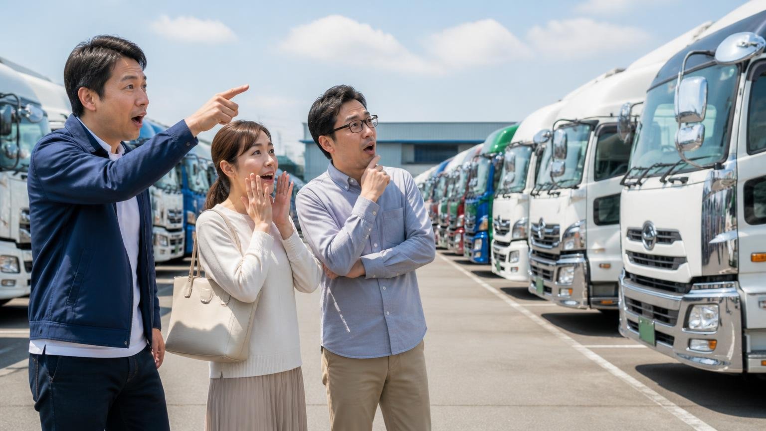 中古市場で数百台が流通。中古トラック販売店の広い展示場に並ぶ大型トラックを見て回る男女3人が驚く