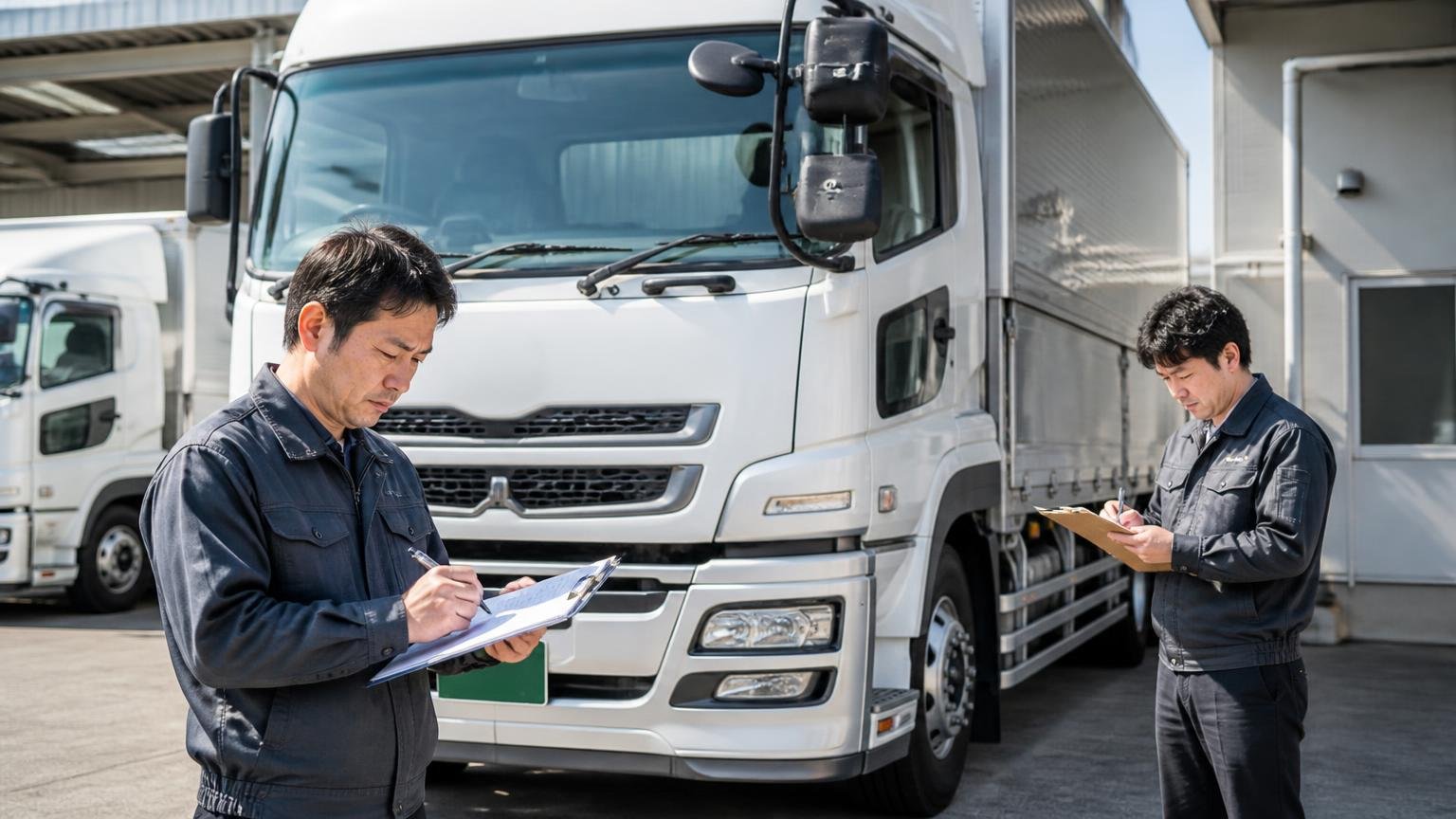 1社だけの査定額には物差しがない|営業所の車庫に停まった大型トラックの前で査定士2人が別々に書類を書く