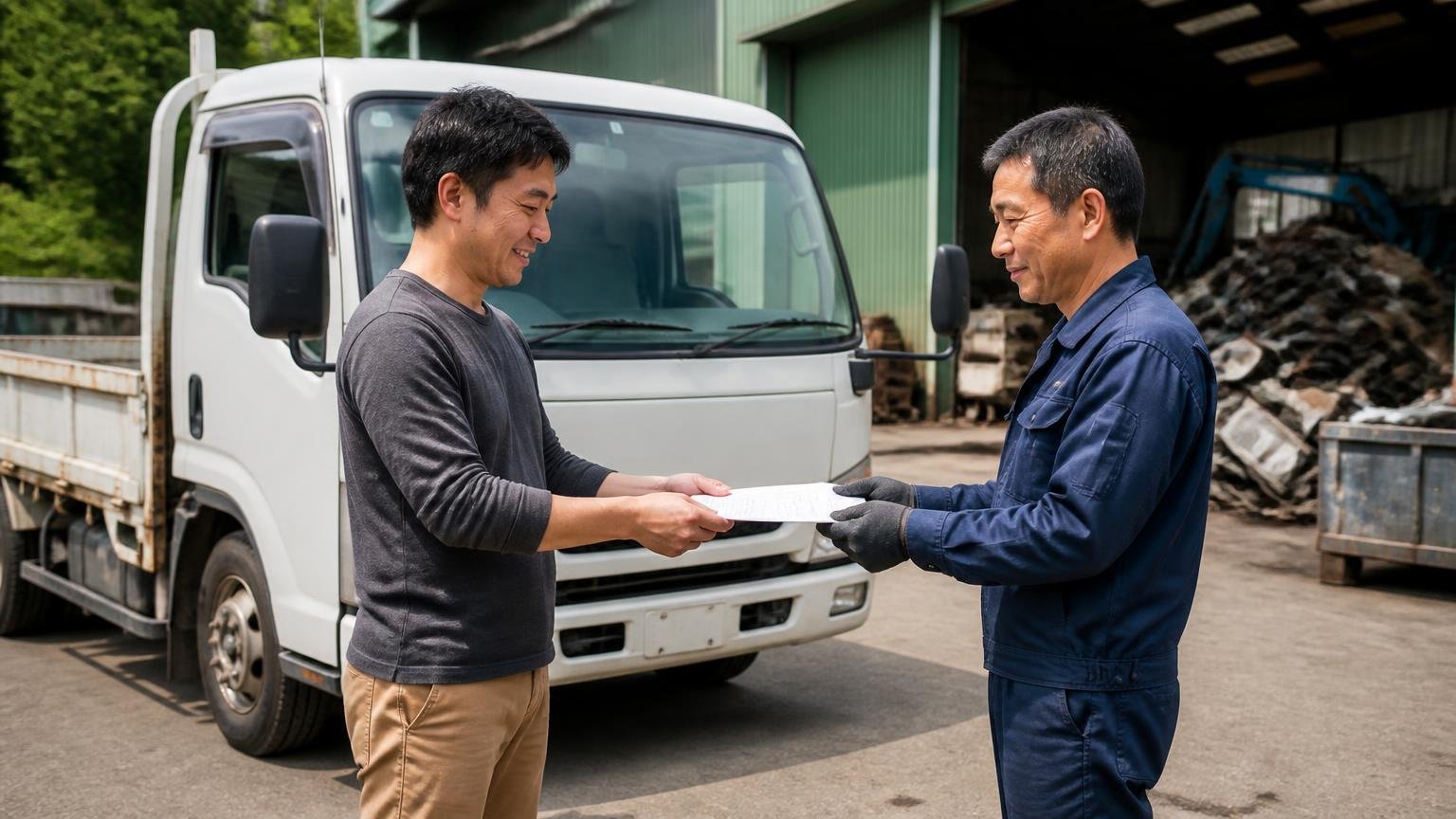 中古車として売るのと使用済自動車として渡すのはお金の向きが逆 解体工場の前でトラックを引き渡す 男性2人が書類を交わす