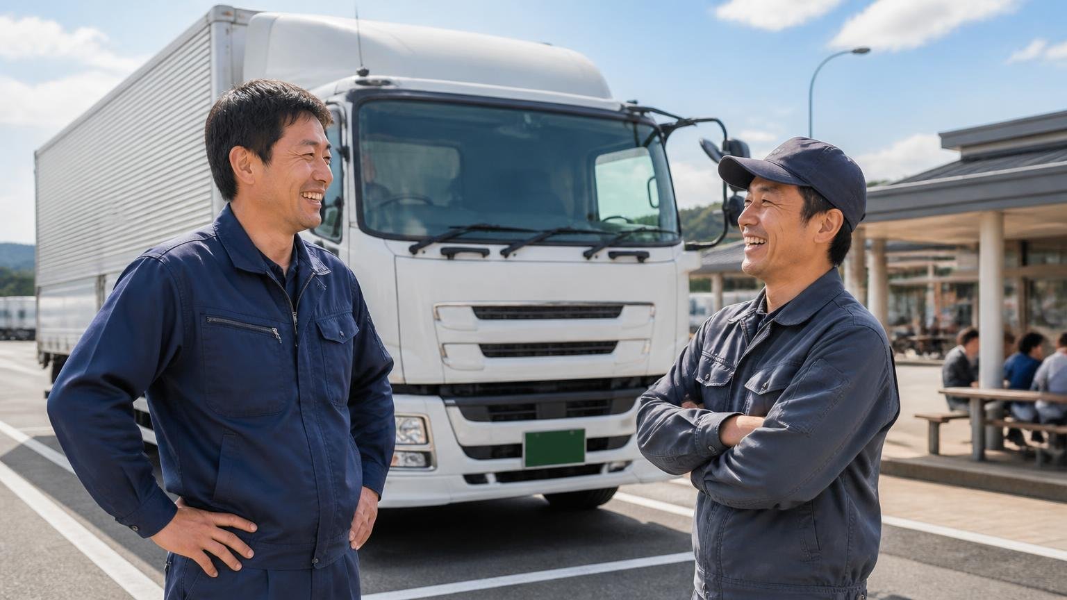 長距離・高速主体の現場には向いている。高速道路のサービスエリアに停めたトラックの前で、男性2人が笑顔で会話する