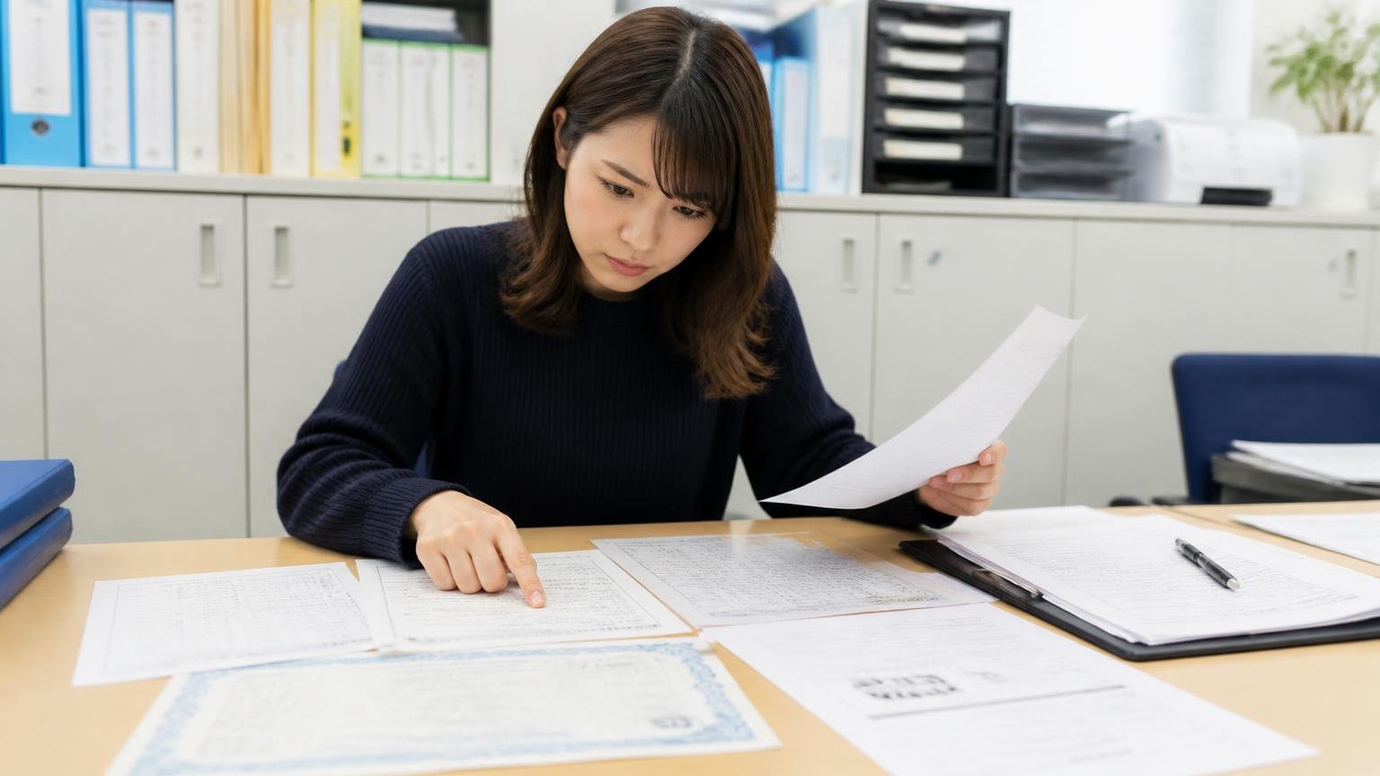 名義変更は15日以内で金額の合意では終わらない／事務所で車検証と書類を並べて確認／女性1人／真剣な表情