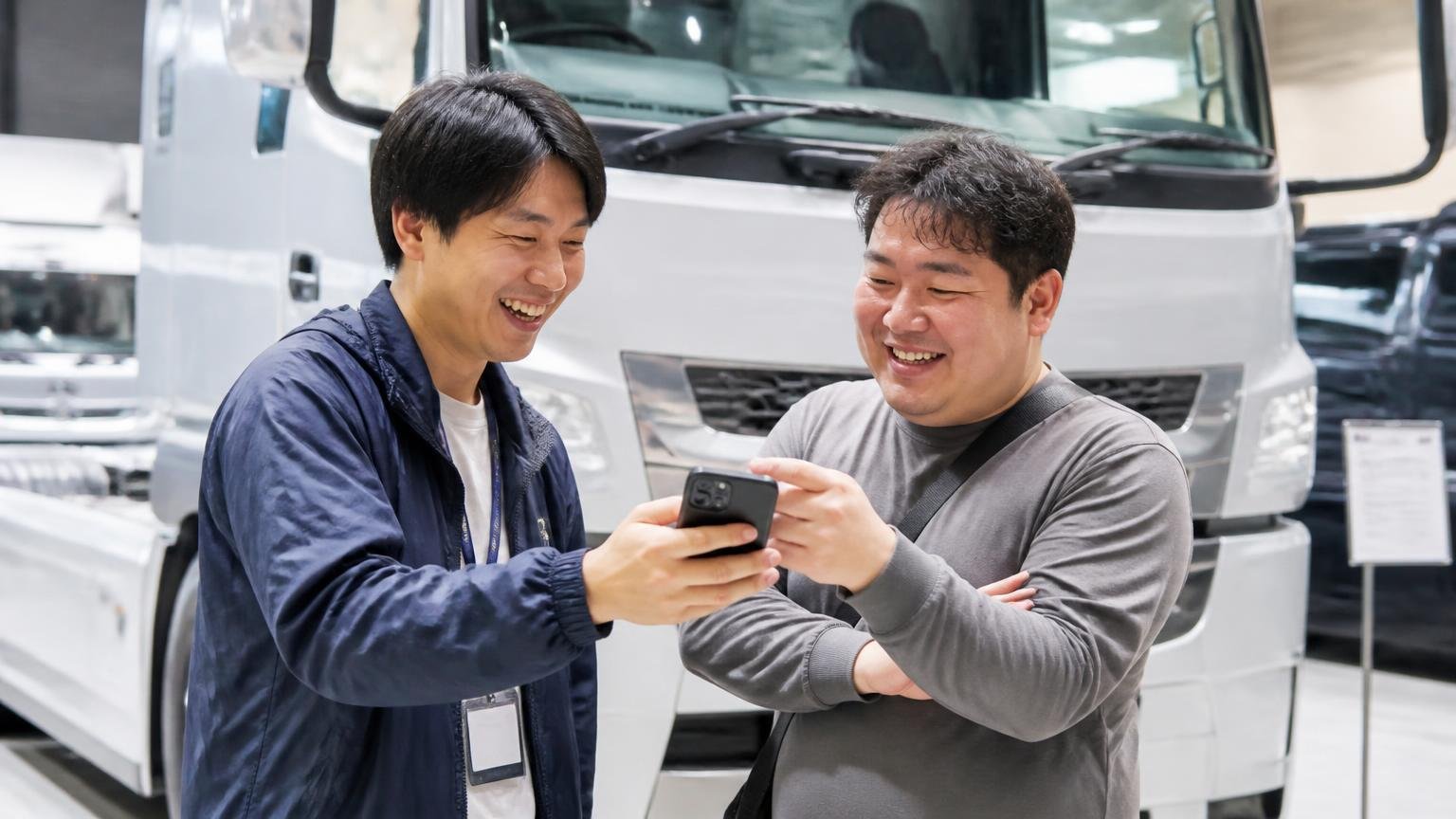 トラックアルデが向いている人。展示場のトラック前でスマホの写真を見せ合う男性2人、笑顔