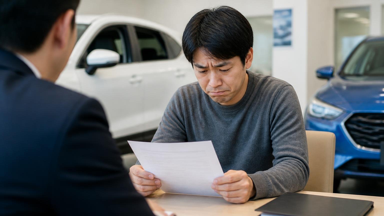 付き合いのある1社の下取り額を「相場」だと思い込む ディーラーの商談席で下取り見積書を受け取る男性1人 肩を落とす