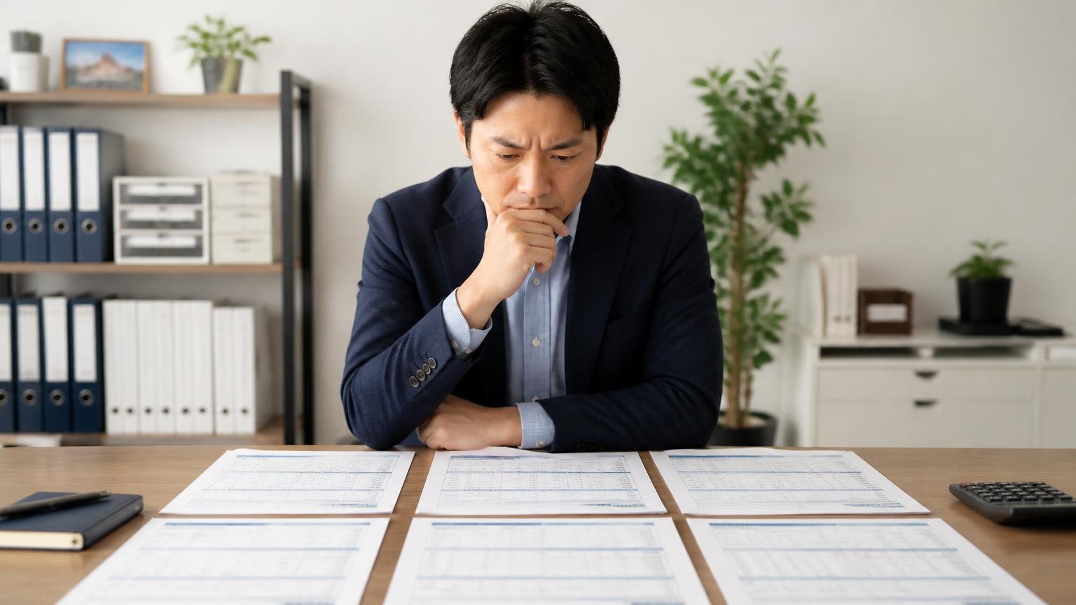 1社だけの金額には物差しがない 事務所の机に複数の査定書を並べて見比べる男性1人が真剣な表情