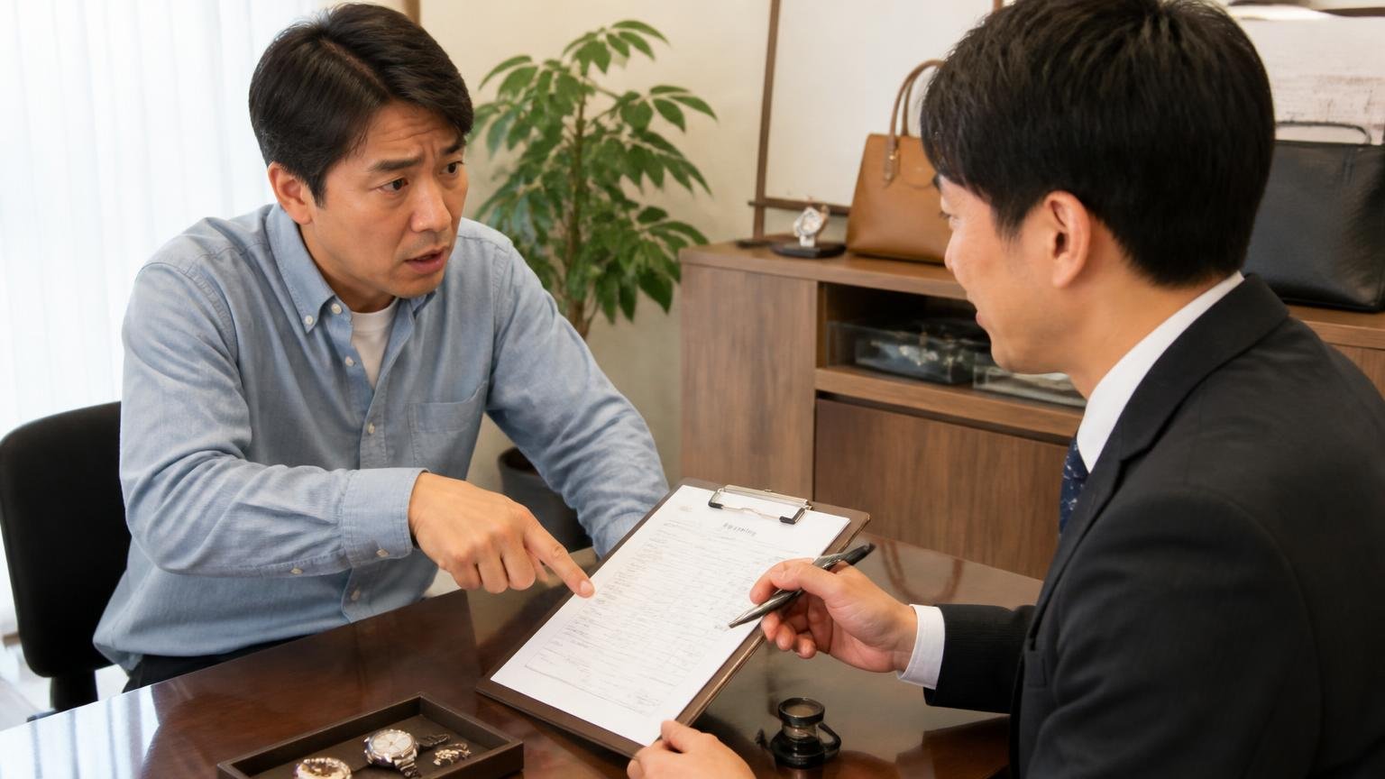 金額は必ず書面でもらう。事務所の机で見積書を指さしながら質問する男性1人と答える査定士1人