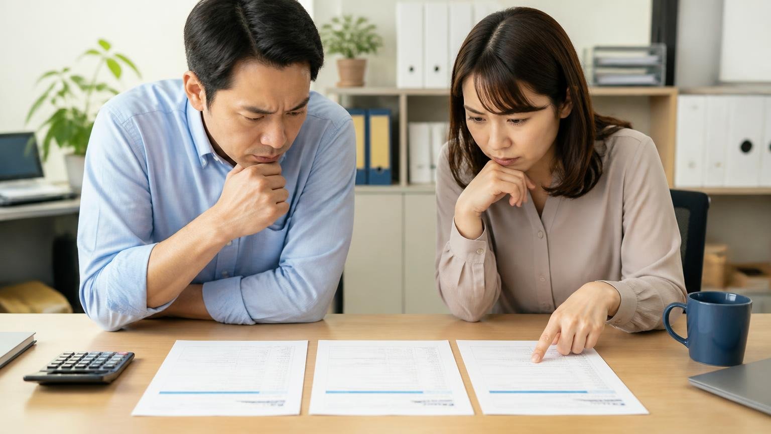 ①どのサービスを選ぶにせよ、1社だけで決めない|事務所の机に3枚の見積書を広げて見比べる男女2人が真剣な表情
