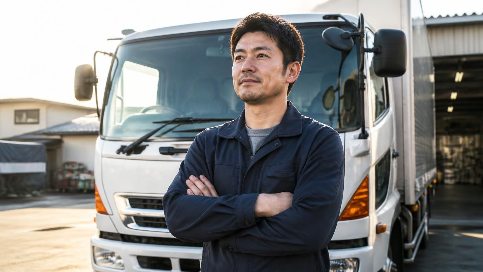 豊和の次に相談したい買取業者｜早朝の車庫でトラックの前に立つ男性1人が前を見据える