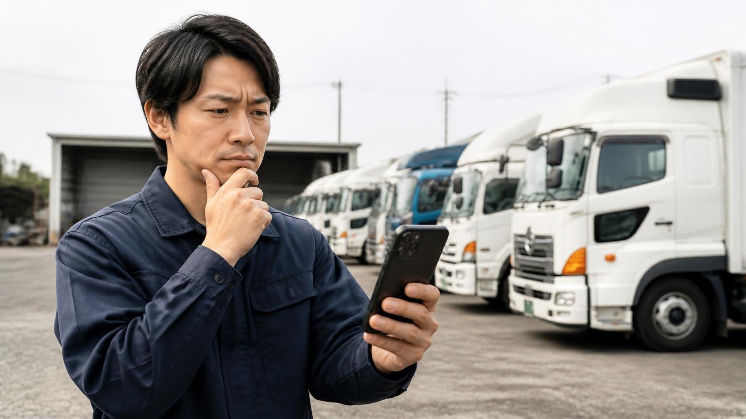 向いていない人・注意したほうがいい人。遠方の車庫でスマホでトラックの写真を撮り送信する男性1人が思案顔