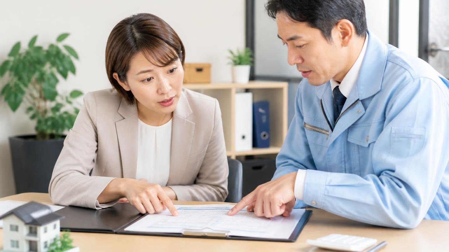 契約前に必ず書面でもらう3つは金額・減額条件・キャンセル条項。事務所で査定書を見ながら打ち合わせする男女2人が、項目を1つずつ指でたどっている