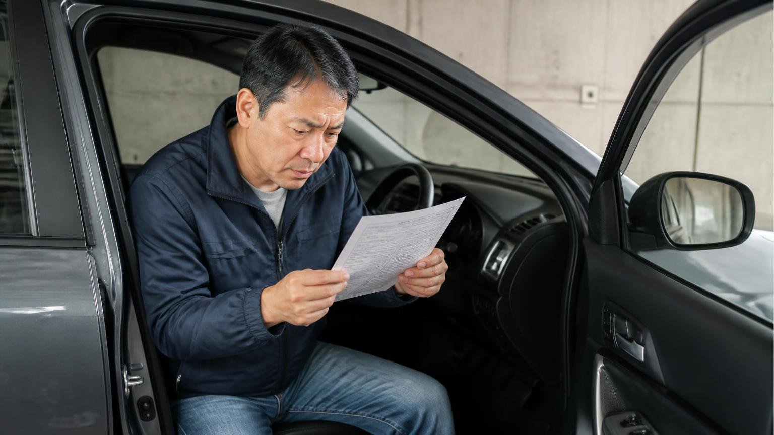 車検証の所有者欄を先に見る。早朝の車庫で運転席のドアを開け車検証を確認する40代男性1人、真剣な表情
