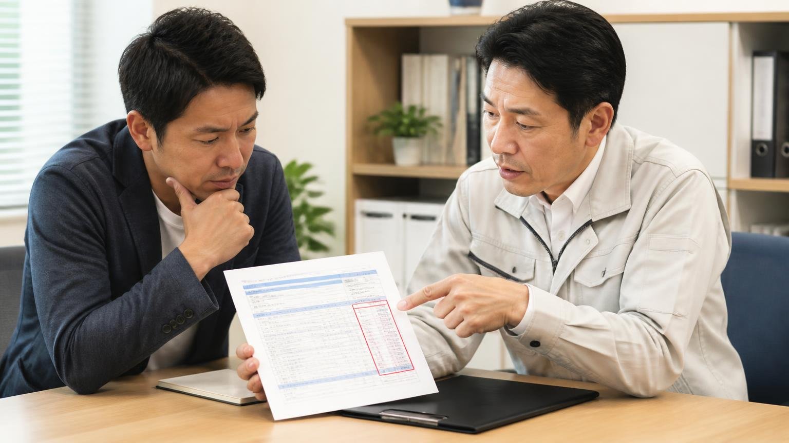 減額される条件を先に書面でもらう。事務所で見積書の減額欄を指さしながら説明する2人が真剣