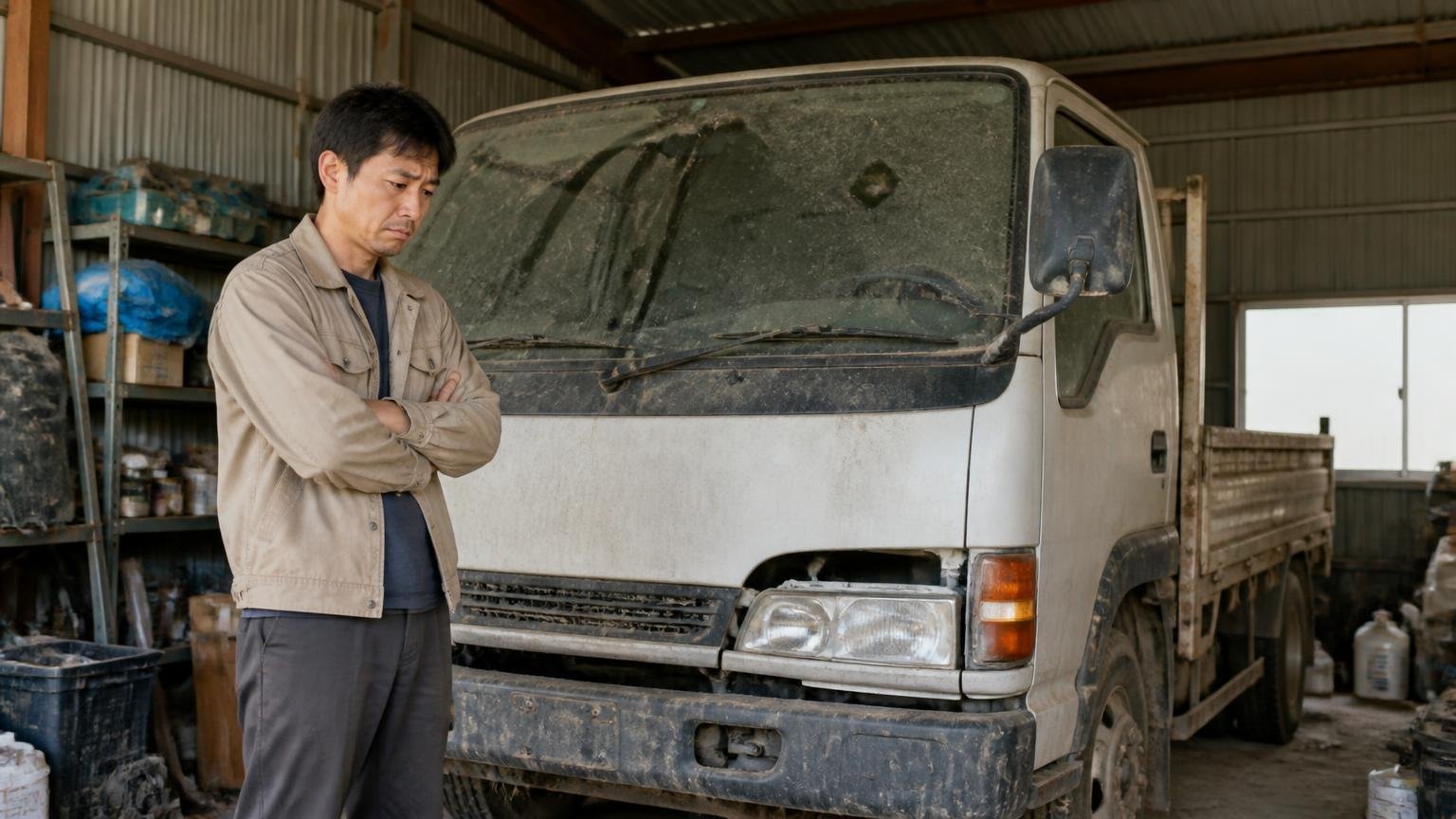 不動車や故障車も買取対象。車庫の奥で埃をかぶった動かないトラックの前に立つ男性1人、あきらめ顔