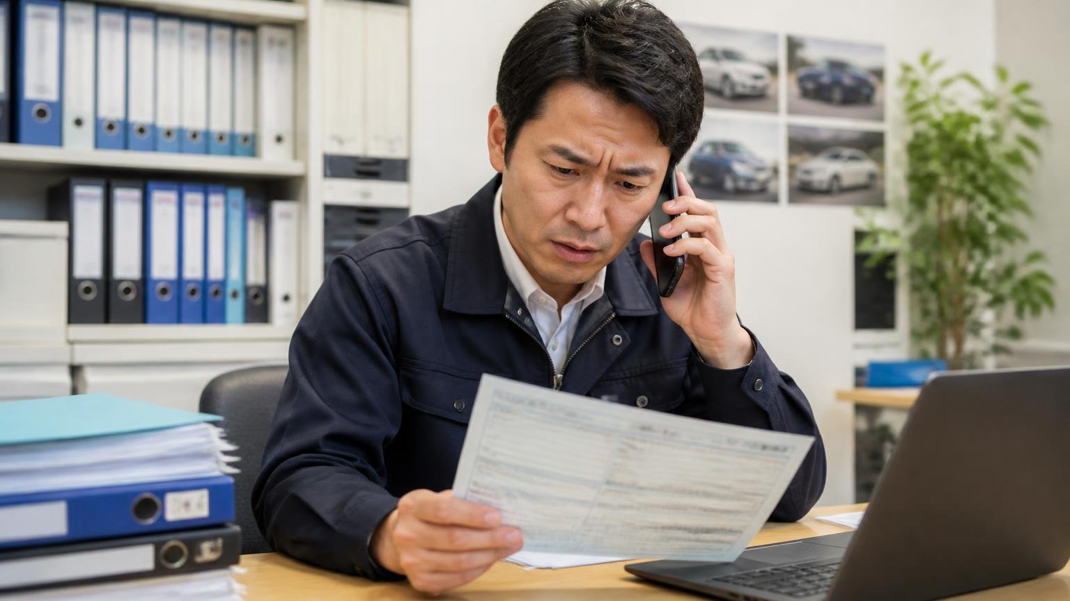 電話の概算と実車査定額のズレと必要書類、事務所で車検証を見ながら電話をかける男性1人が眉を寄せる