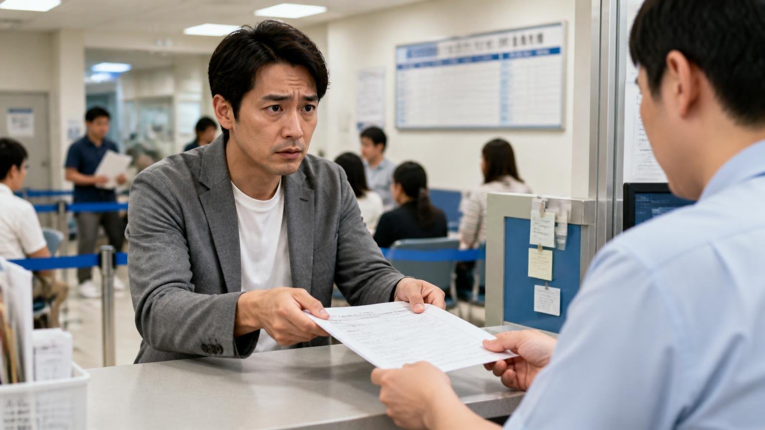 名義変更の手続きを確認する。運輸支局の窓口で申請書類を提出する1人が緊張した面持ち