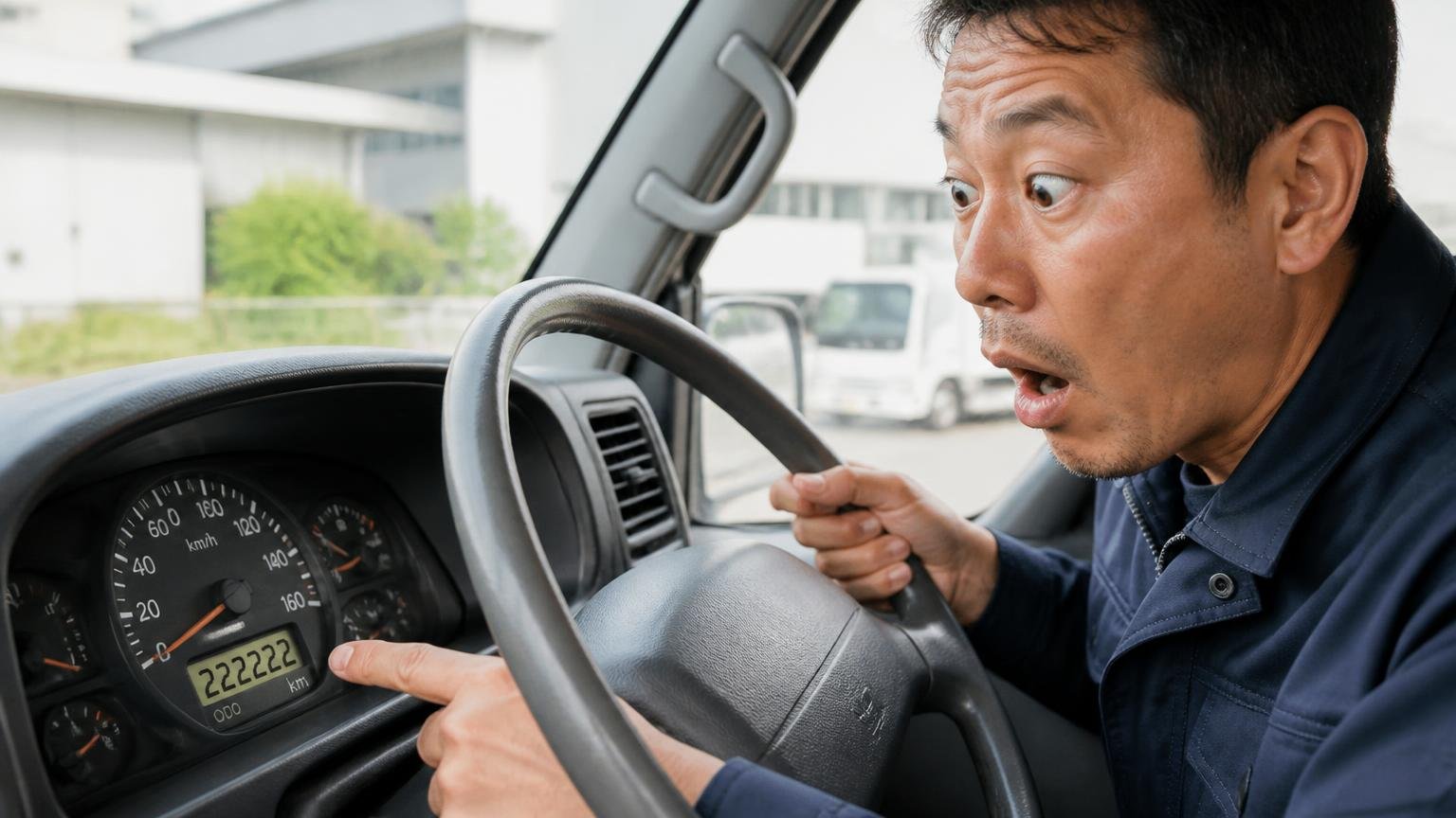 あなたのデュトロは古すぎるわけではない|走行距離計の数字を運転席で眺める男性1人が驚いた表情