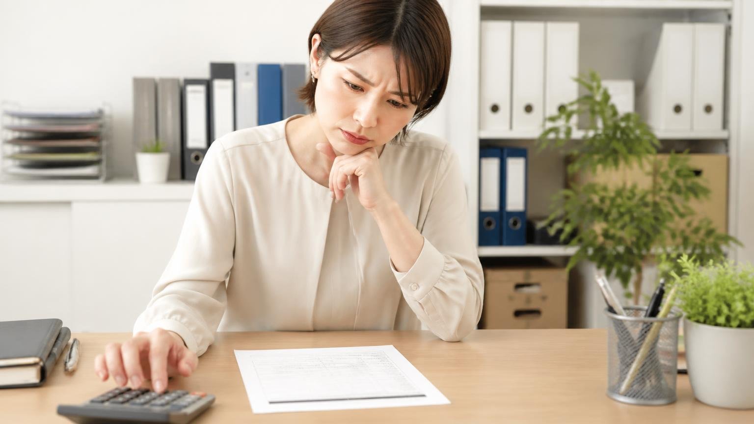 1社の金額には高いか安いかを測る物差しがない 事務所の机に1枚だけ置かれた査定書を前に考え込む 女性1人 電卓に手を伸ばす