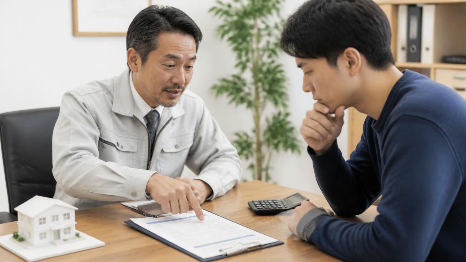 総額ではなく内訳を比べる。事務所で査定員と男性1人が見積書の項目を指さし確認する