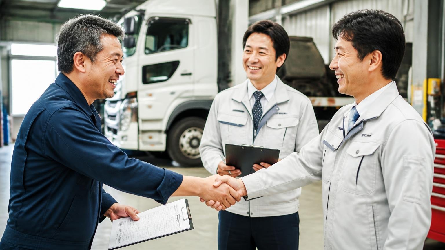 修理見積もりの前に数字Bを押さえる|車庫で査定書を受け取るトラック所有者と査定員2人が握手