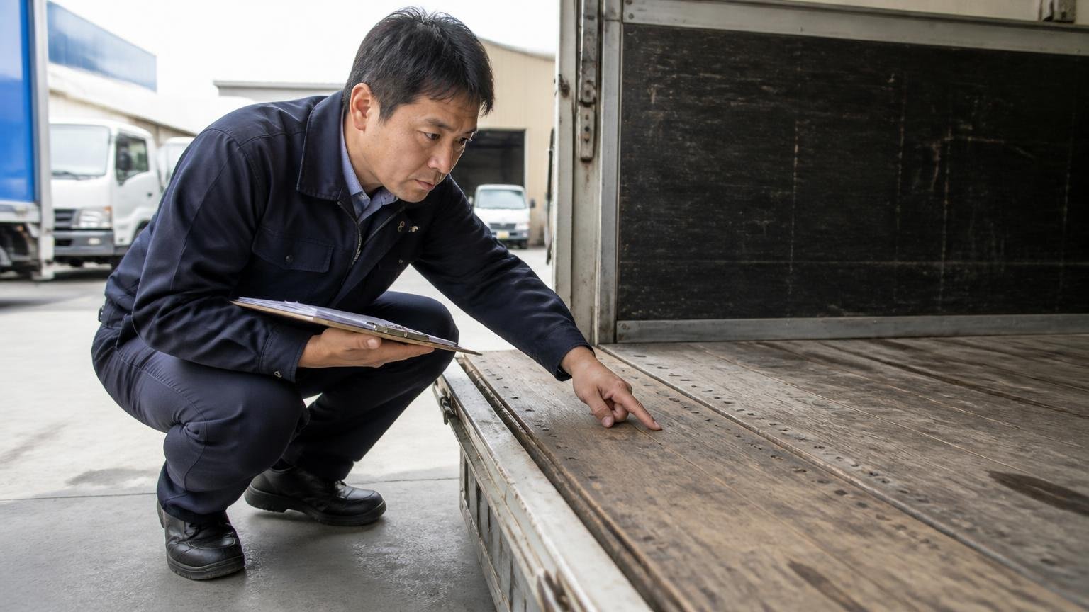 査定額を決めているのはハイブリッドかどうかではない 車庫でトラックの荷台の床板をしゃがんで確認する査定員1人