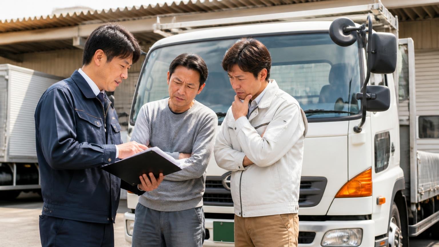 複数社から無料査定を取る|営業所の車庫に停まった2tトラックの前で査定士と所有者2人が書類を見る