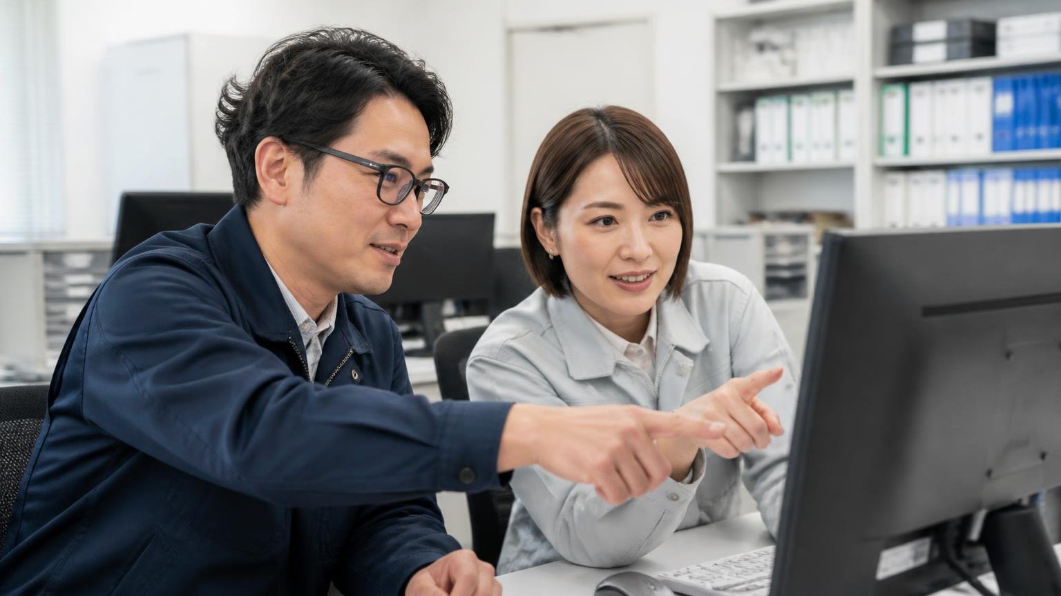 リコールを恐怖ではなく確認事項として受け止める 事務所のパソコンでリコール情報を検索する男女2人が画面を指さす
