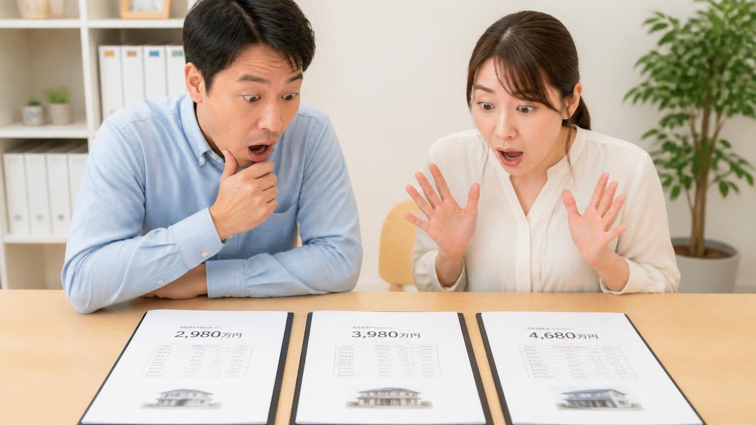 1社だけの査定額を相場だと思ってはいけない 事務所で3社の査定書を並べる 男女2人が金額差に目を見開く