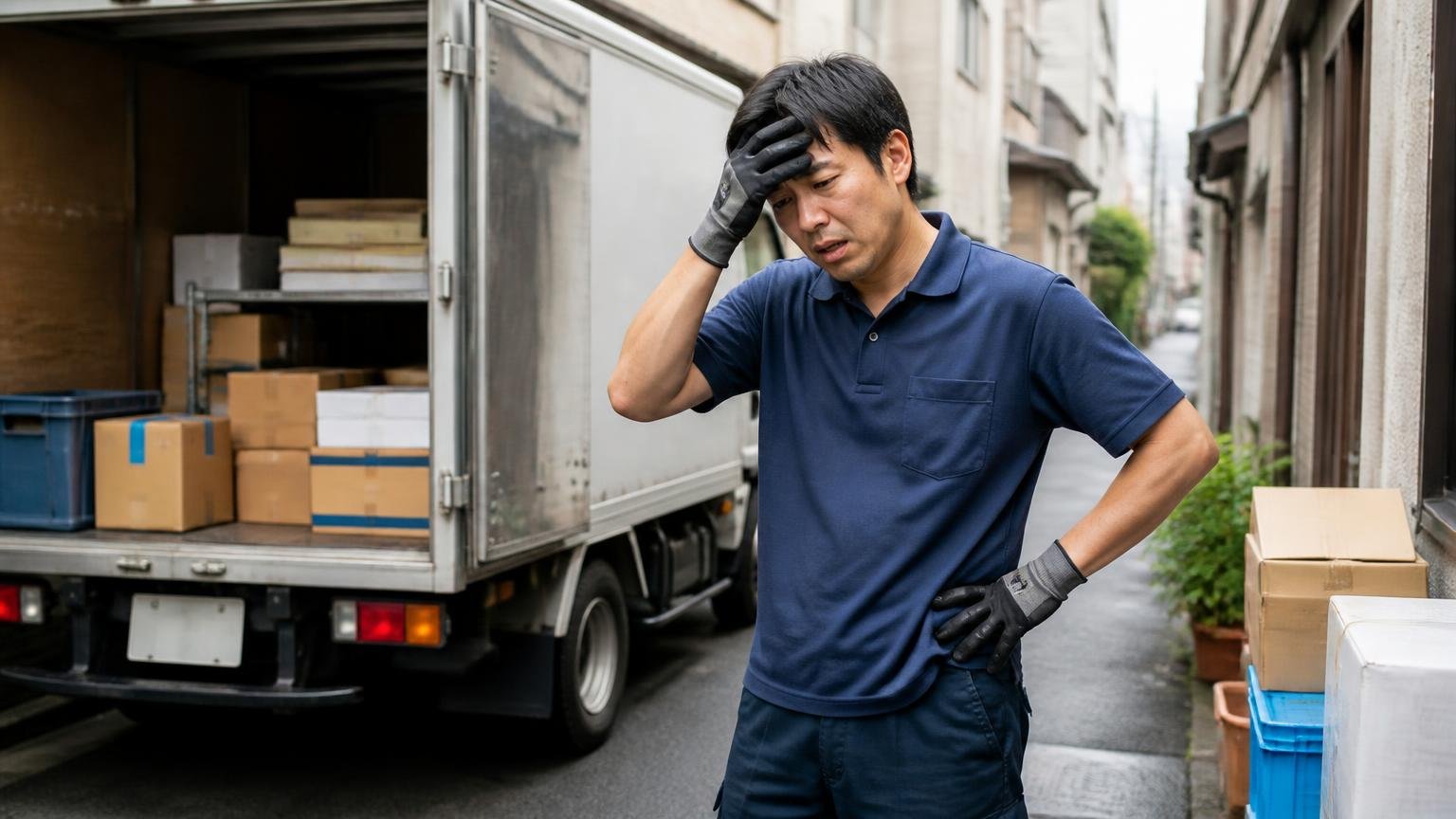 向いていない使い方の条件 市街地の狭い路地で停車と発進を繰り返す集配トラックの前 配送員1人 疲れた表情