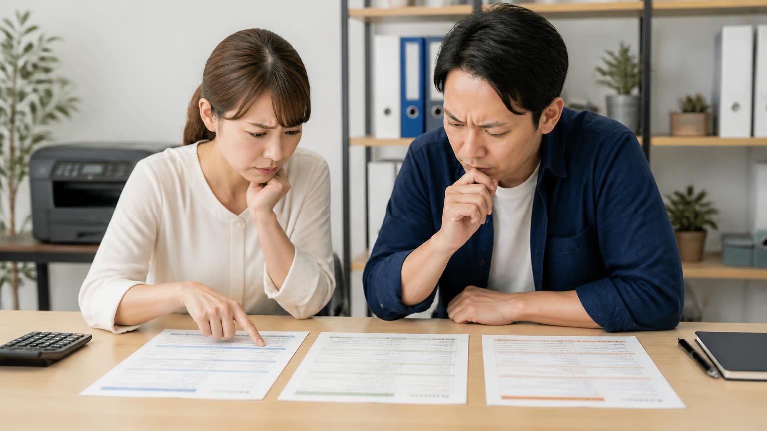 必ず複数社から無料査定を取る 事務所で複数の査定書を並べて比べる屋内 男女2人 真剣に見比べる