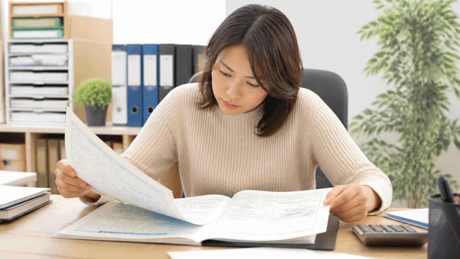 査定を頼む前に確認する5つのこと|事務所の机で女性1人が車検証と整備記録簿を広げ真剣に確認する