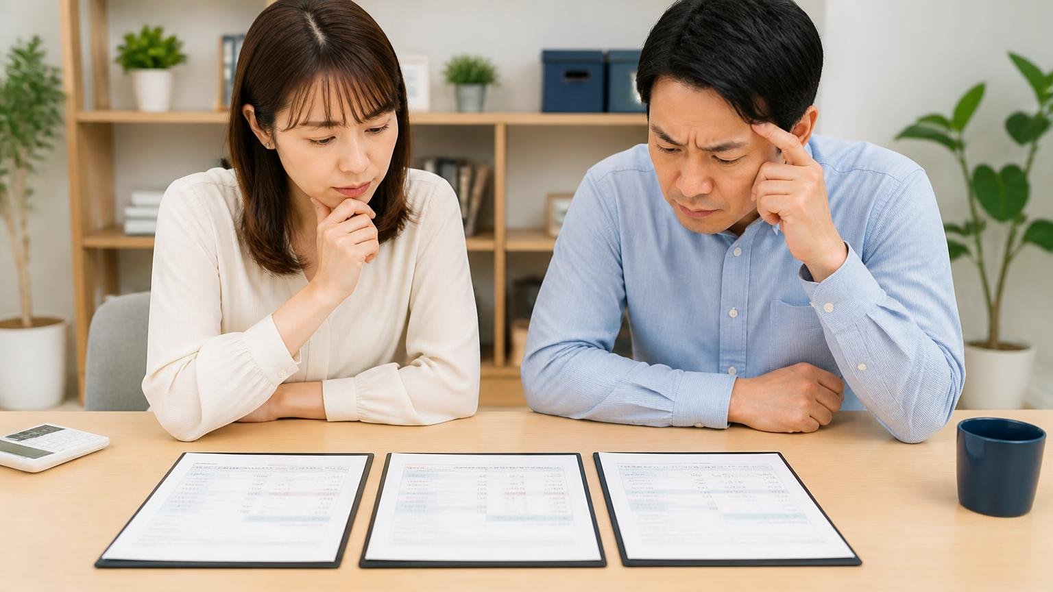 1社だけの金額は高いか安いかを測れない 事務所の机に3枚の査定書を並べる 30代女性と40代男性が金額を比べる