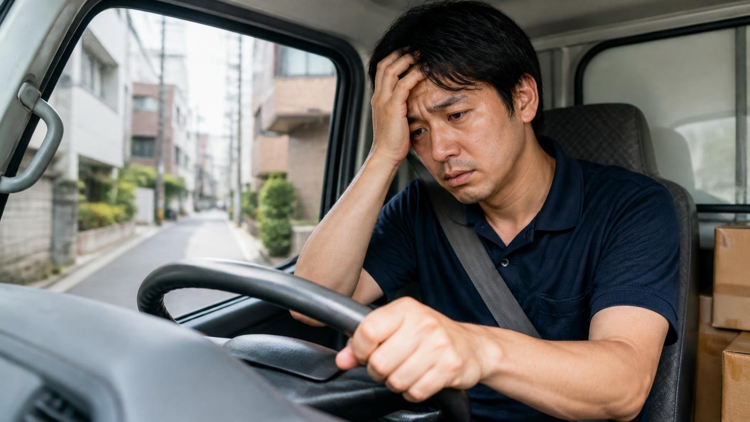 発進停止や坂道の多い現場には向きにくい。市街地の狭い配送先でトラックを何度も停める男性1人が、疲れた表情でハンドルを握る