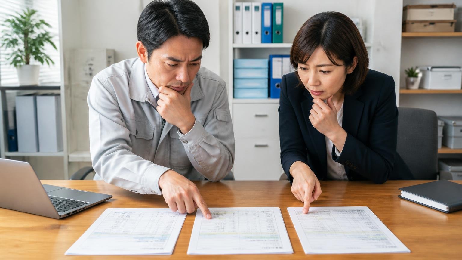 業者選びに手続きをどこまでやるかを入れる／事務所で3社の見積書を並べて比べる／男女2人／指で差して確認