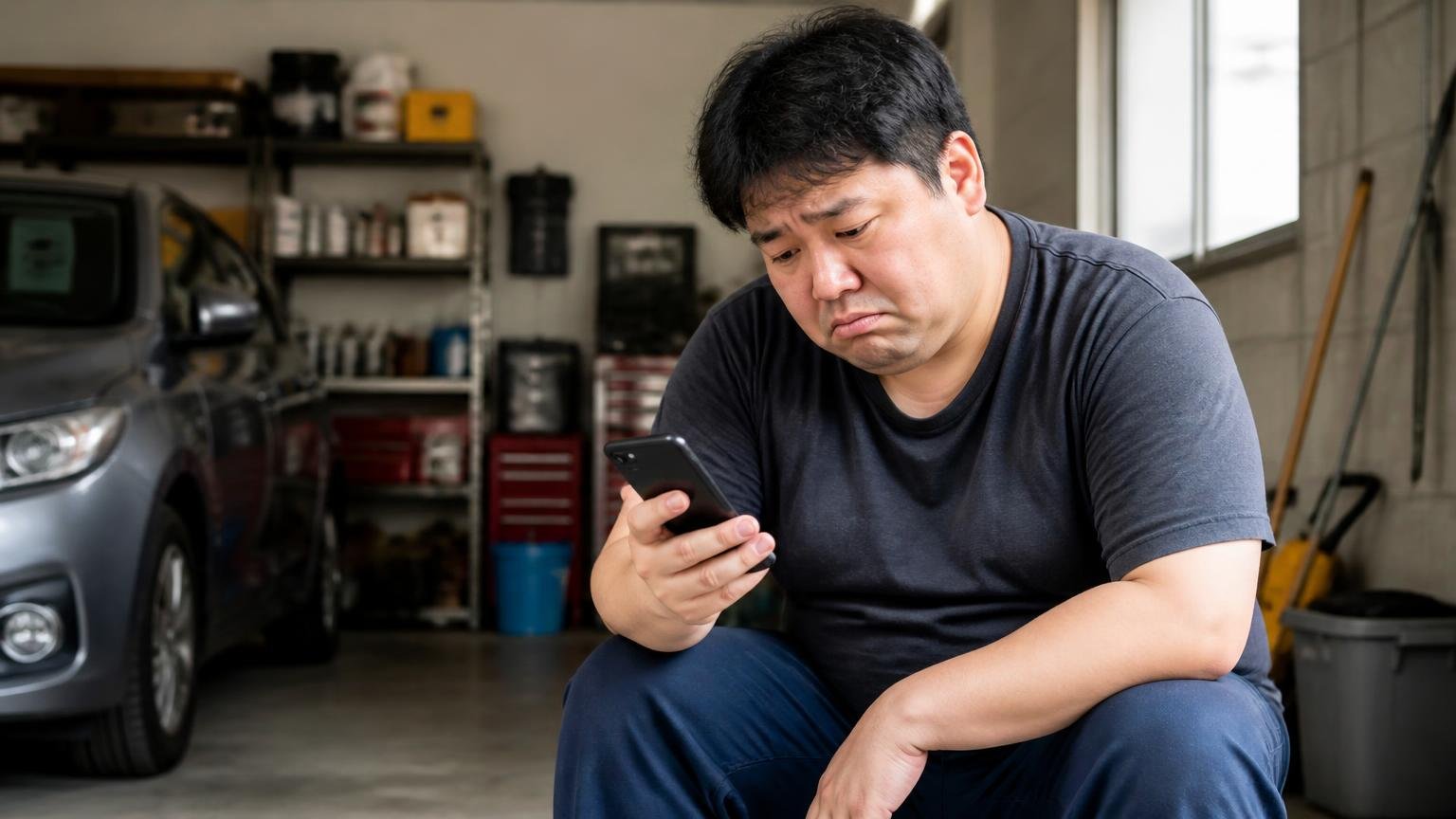 向いていない人。日曜の静かな車庫でスマホを見ながら肩を落とす男性1人、残念そうな表情