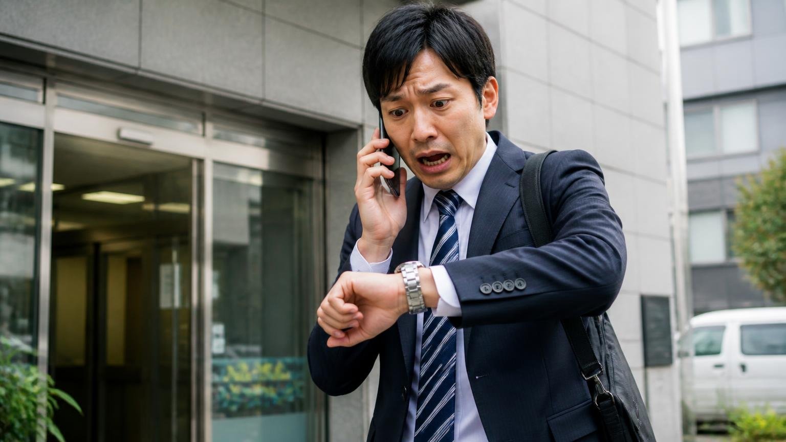 向いていない人。営業所の前で腕時計を見ながら電話をかける男性1人が焦った表情を見せる