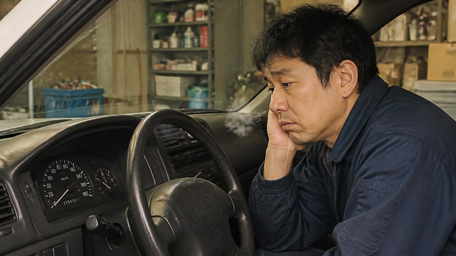 「そのうち売ろう」で年式と走行距離だけが進んでいく 夕方の車庫で走行距離計を眺める男性1人 ため息をつく