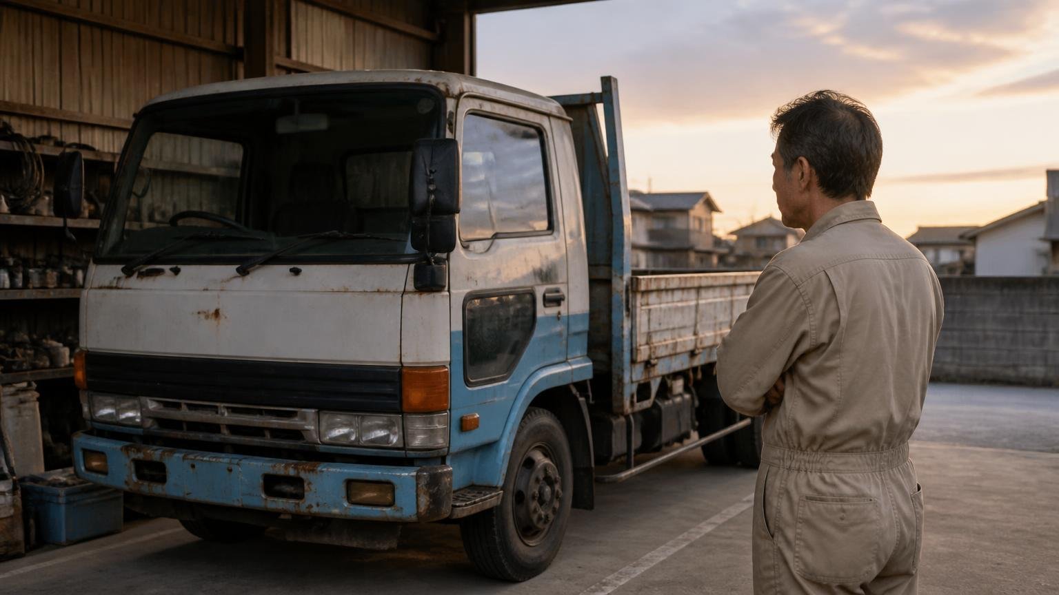 そのうち売ろうと置いている間に起きること 夕方の車庫に長く停まったままのトラックを見つめる男性1人