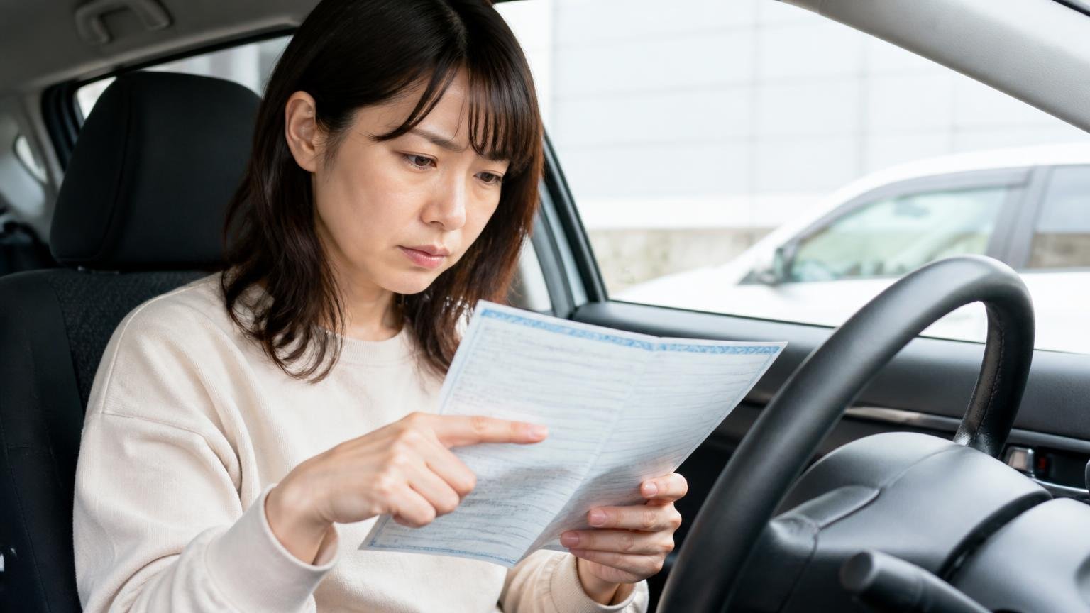 車検証の所有者欄と残債を先に確認する。運転席で車検証を広げて所有者欄を指でなぞる女性1人が真剣な表情