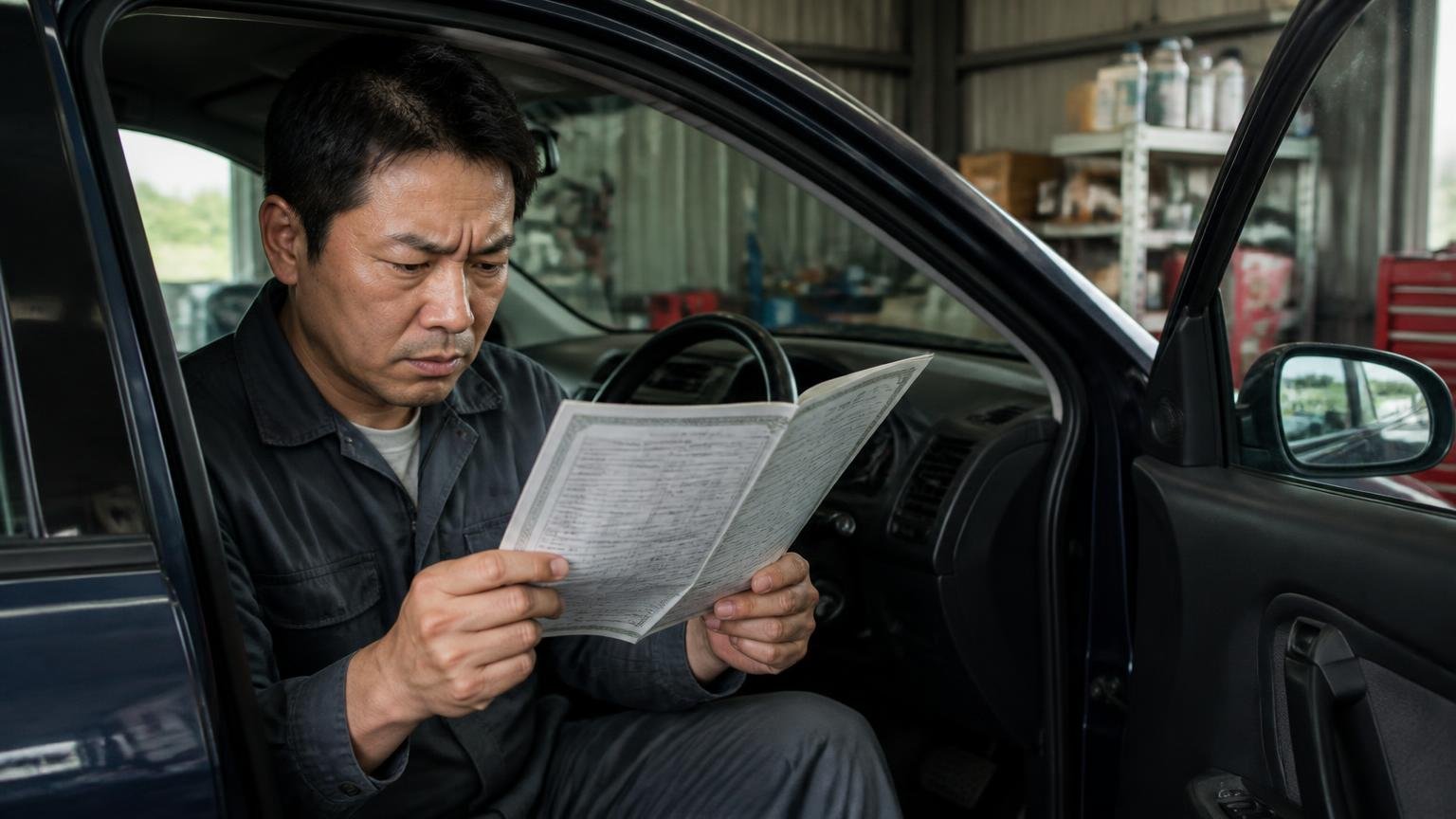 車検証の所有者欄を確認する場面。早朝の車庫で運転席のドアを開け車検証を開く男性1人が眉をひそめる