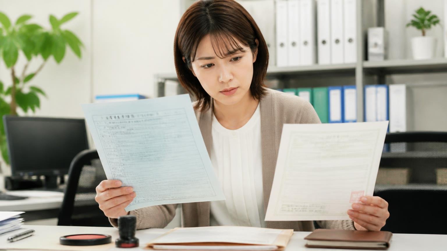 書類代行の範囲と名義変更の完了時期。事務所で車検証と印鑑証明書を並べる女性1人が確認する表情
