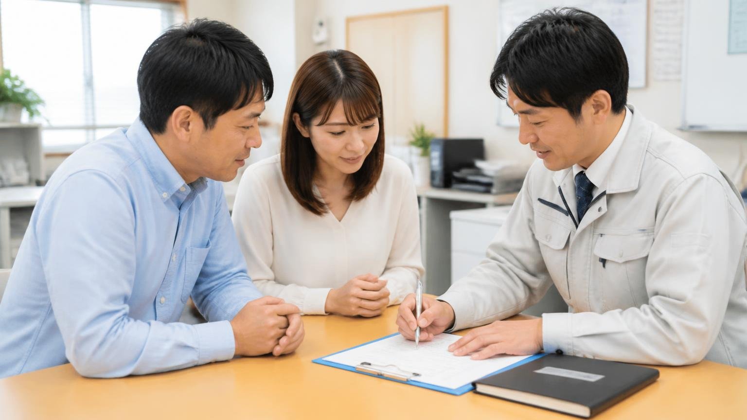 手続きの代行を依頼する。営業所の事務所で書類の記入を業者に任せる打ち合わせをする3人